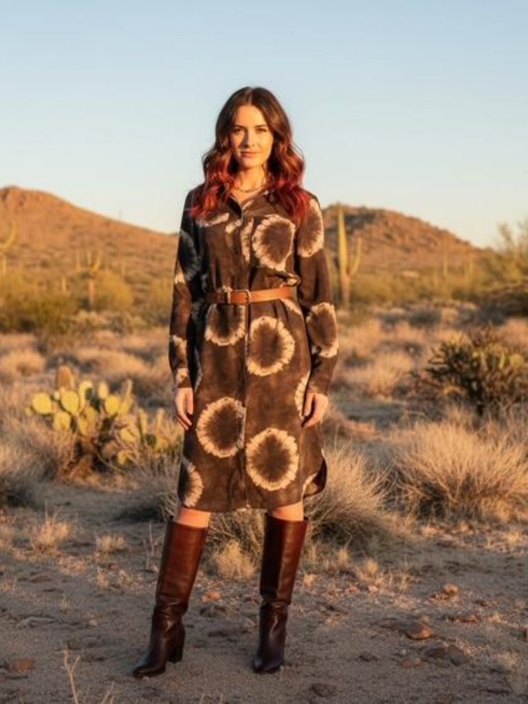 Michael Kors Bisque Tie Dye On A Brown Button Down Shirt Dress W/Belt Xs Nwt